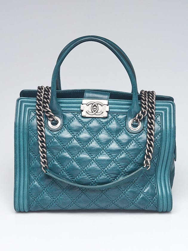 Chanel Green Double Stitch Leather Boy Tote Bag
