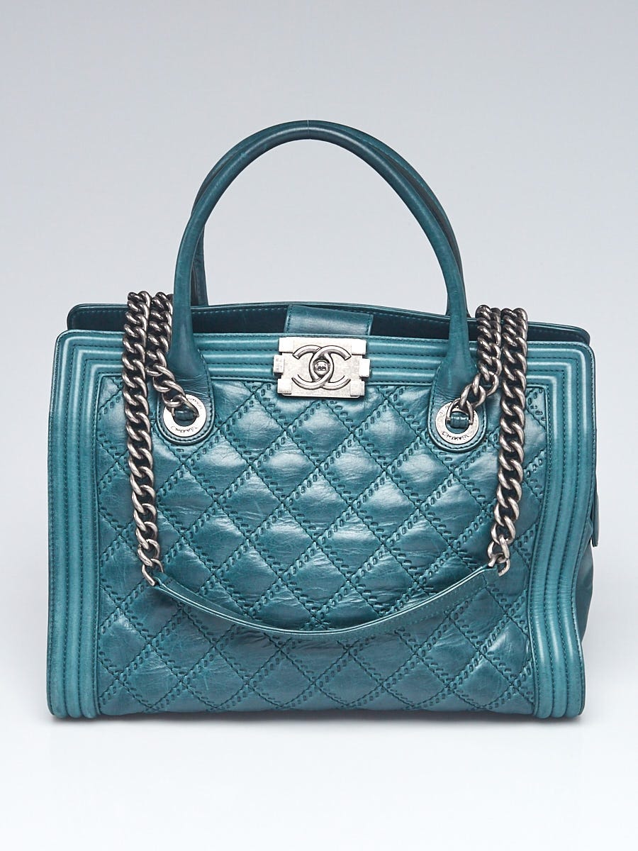 Chanel Green Double Stitch Leather Boy Tote Bag