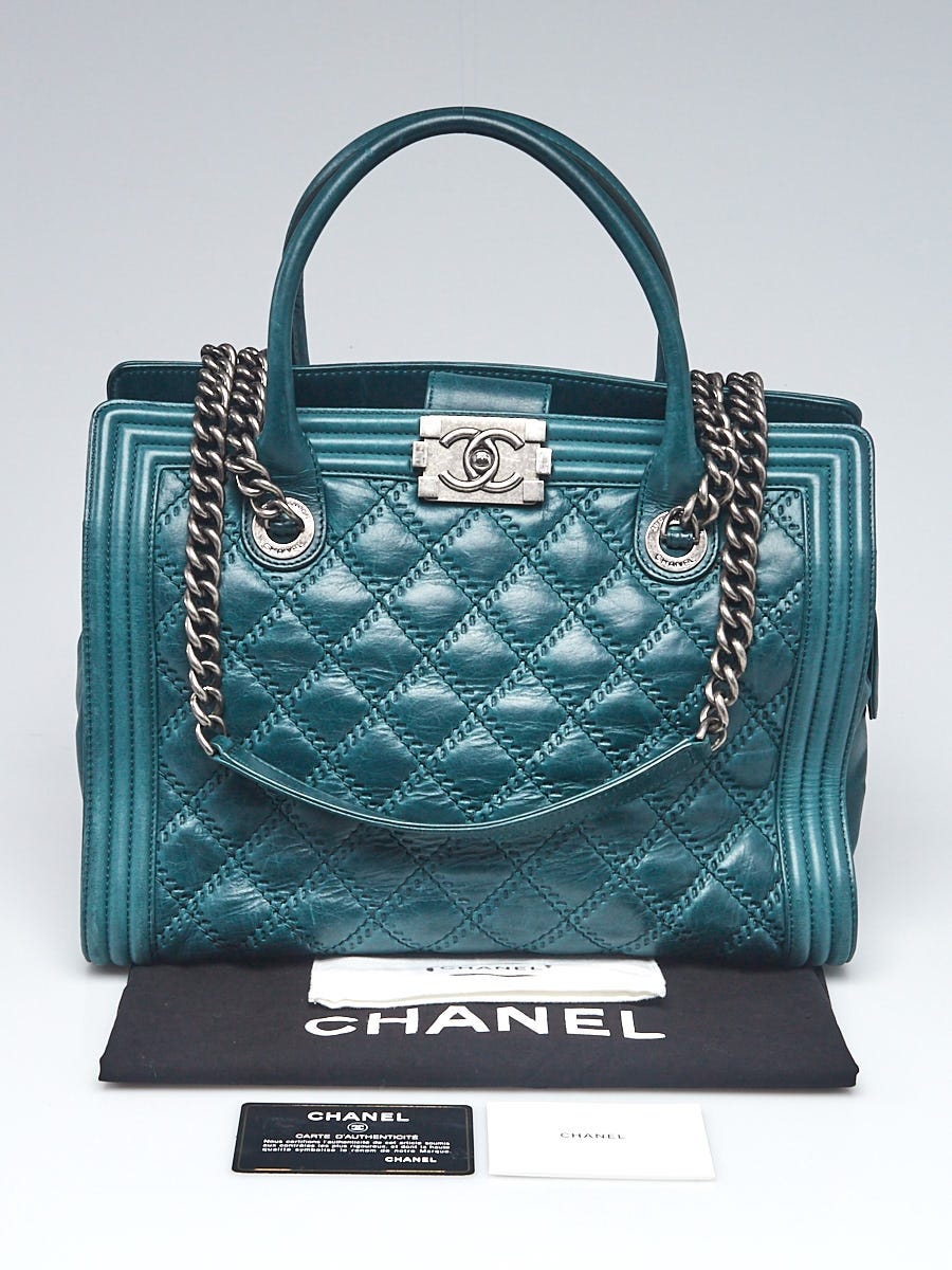 Chanel Green Double Stitch Leather Boy Tote Bag