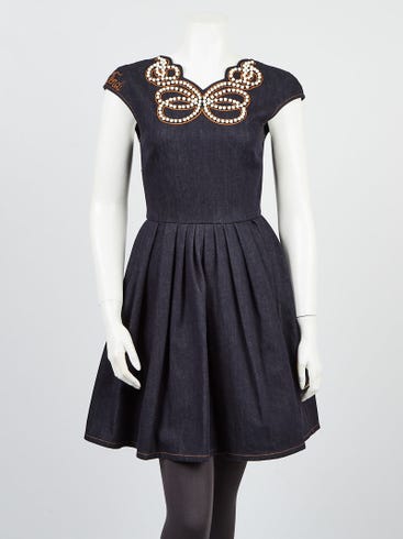 Fendi Blue Denim Faux Pearl Embellished Sleeveless Dress Size 2/36