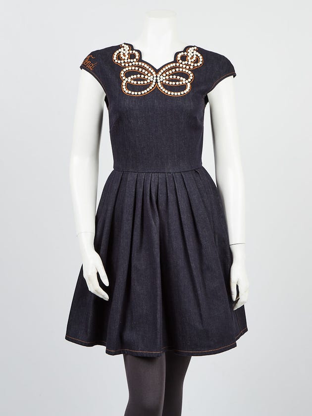 Fendi Blue Denim Faux Pearl Embellished Sleeveless Dress Size 2/36