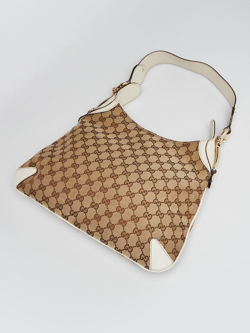 Gucci Beige/White GG Canvas Horsebit Creole Hobo Bag | Yoogi's Closet