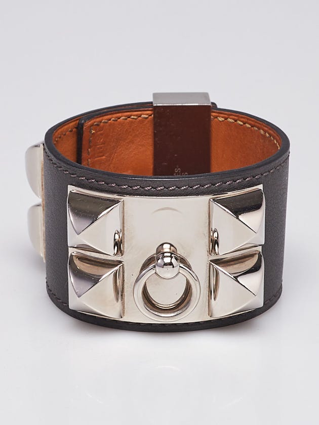 Hermes Graphite Swift Leather Palladium Plated Collier de Chien Bracelet Size S