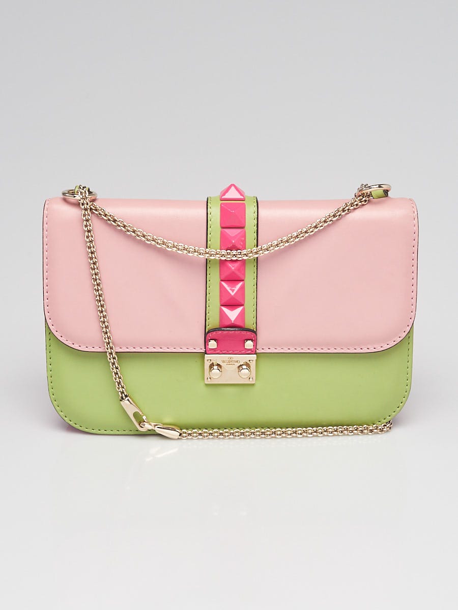 Valentino Pink/White Calfskin Leather Rockstud Glam Lock Medium Flap Bag