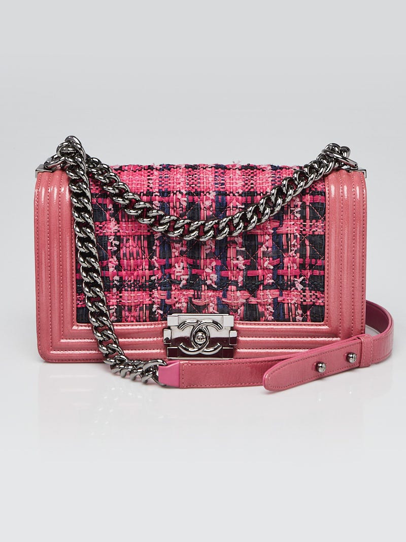 Chanel Pink Tweed and Patent Leather Medium Boy Bag - Yoogi's Closet