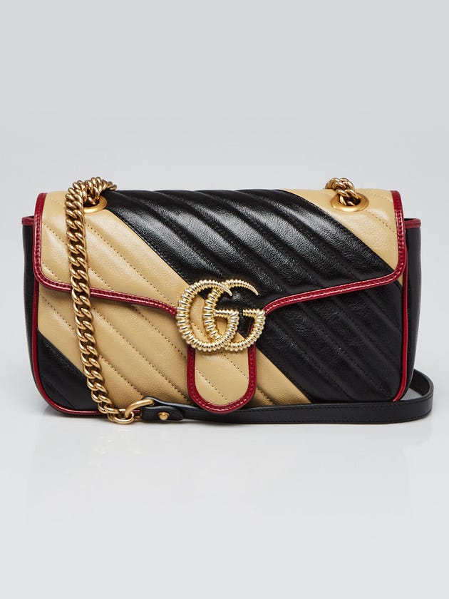 Gucci Black/Beige/Red Quilted Shiny Leather GG Marmont Small Matelasse Shoulder Bag