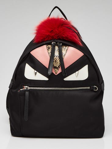 Fendi Black Nylon/Leather/Snakeskin Medium Monster Eyes Backpack Bag - 8BZ035