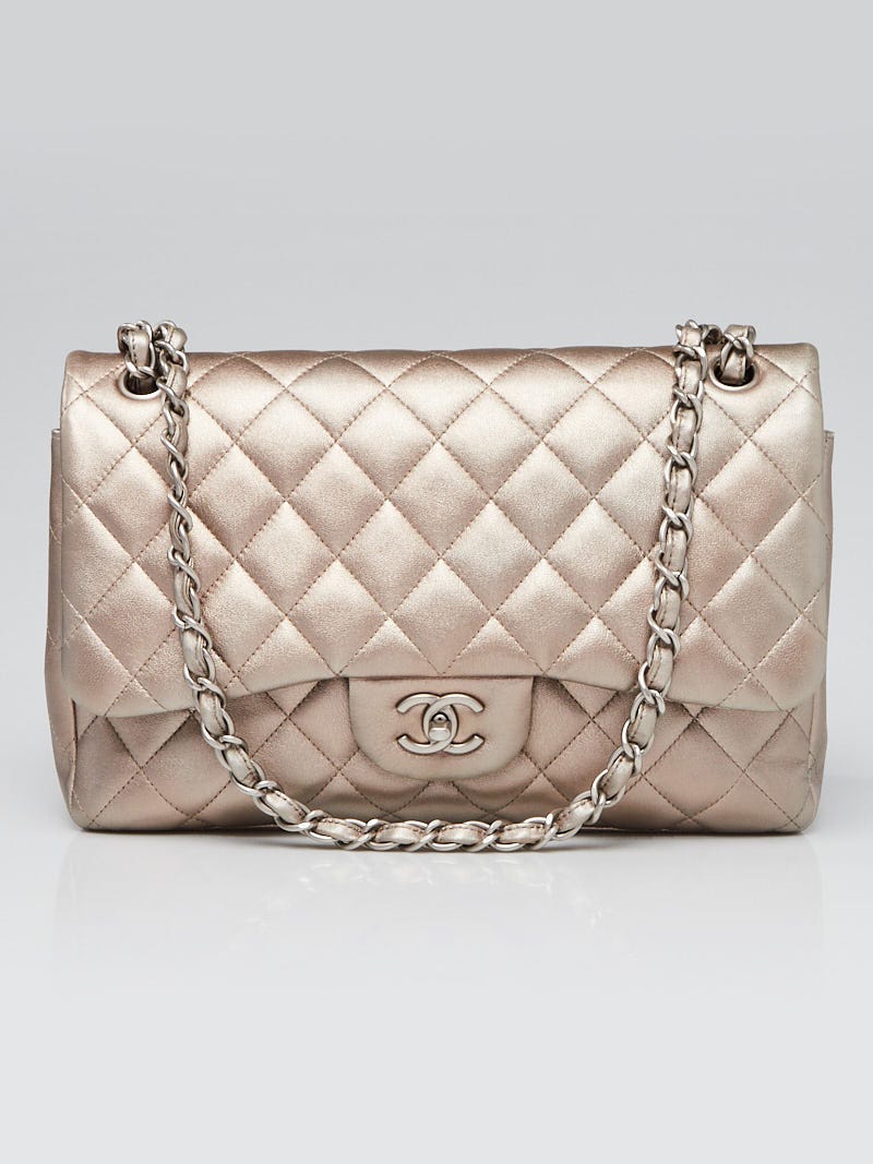 Chanel Pale Gold Metallic Quilted Lambskin Leather Classic Jumbo Double  Flap Bag - Yoogi's Closet