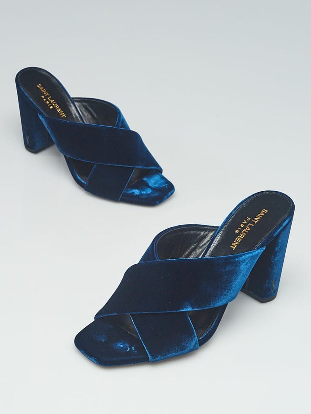 Yves Saint Laurent Dark Blue Velvet Bianca Mule Sandals Size 8.5/39