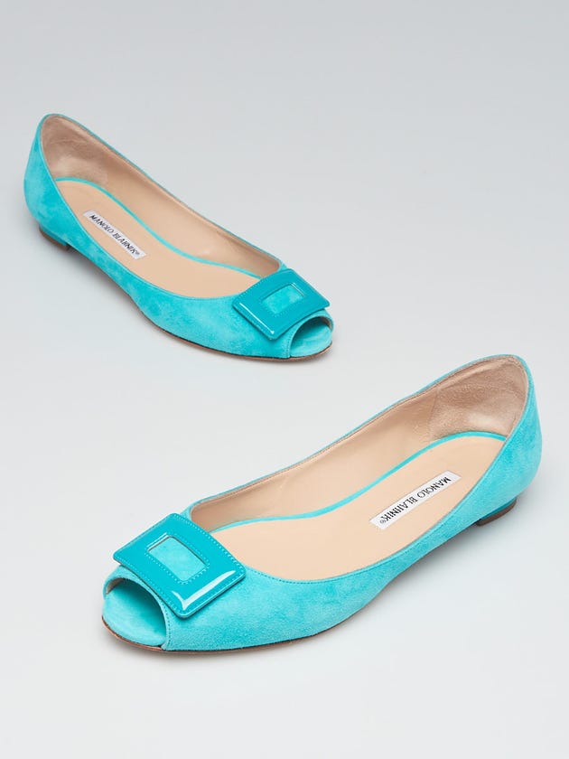 Manolo Blahnik Turquoise Suede Fani Peep-Toe Flats Size 8.5/39