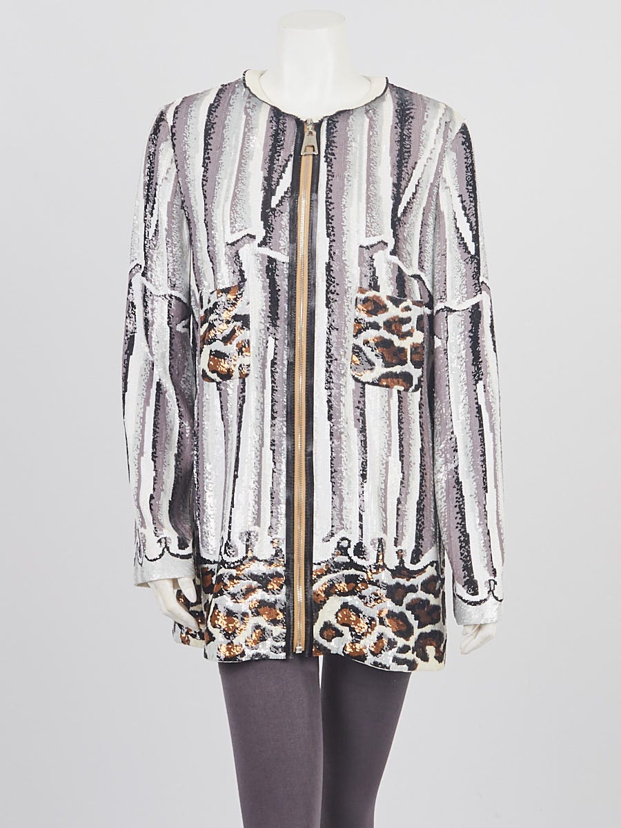 Louis Vuitton White/Silver Sequin/Leather Zip Jacket Size 12/46