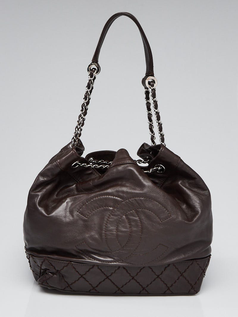 Chanel Dark Brown Calfskin Leather CC Cinch Chain Bucket Bag