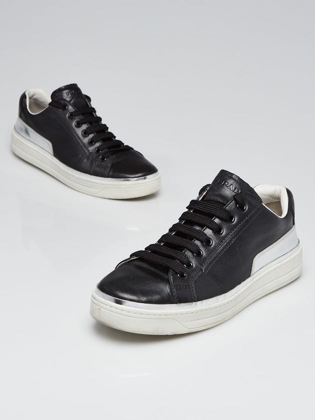 Prada Black/Silver Leather Low Top Sneakers Size 7.5/38