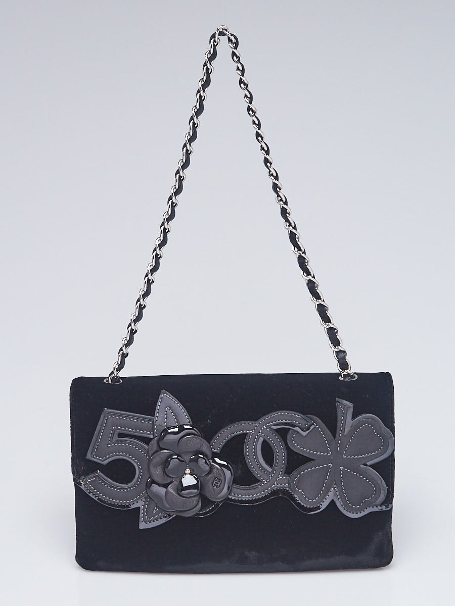 Chanel Black Velvet and Leather Camellia No. 5 Flap Shoulder Bag - Yoogi's  Closet