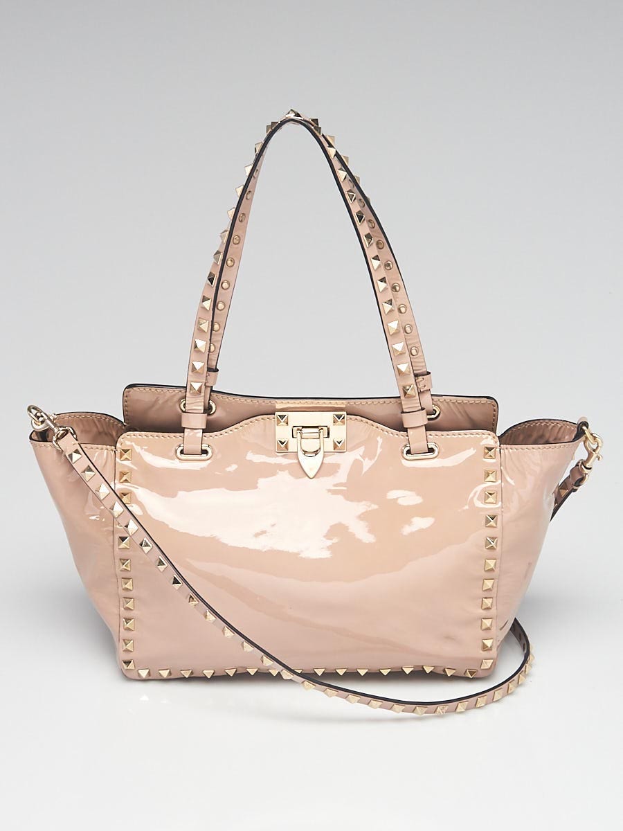 Valentino Beige Patent Leather Rockstud Trapeze Small Tote Bag