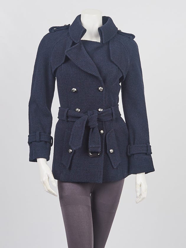 Chanel Dark Blue Cotton/Wool Tweed Short Trench Coat Size 2/34