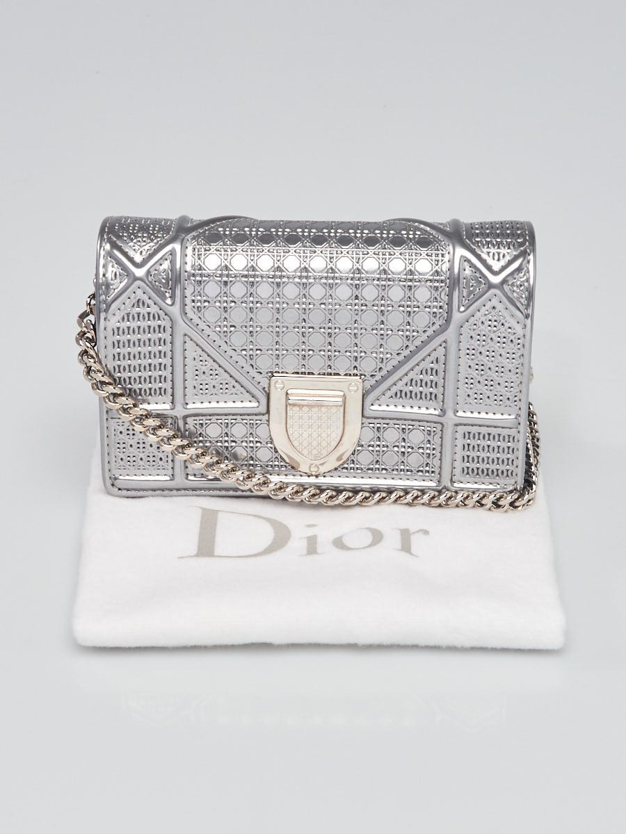 Dior Metallic Patent Micro Cannage Medium Diorama Flap Bag Silver 