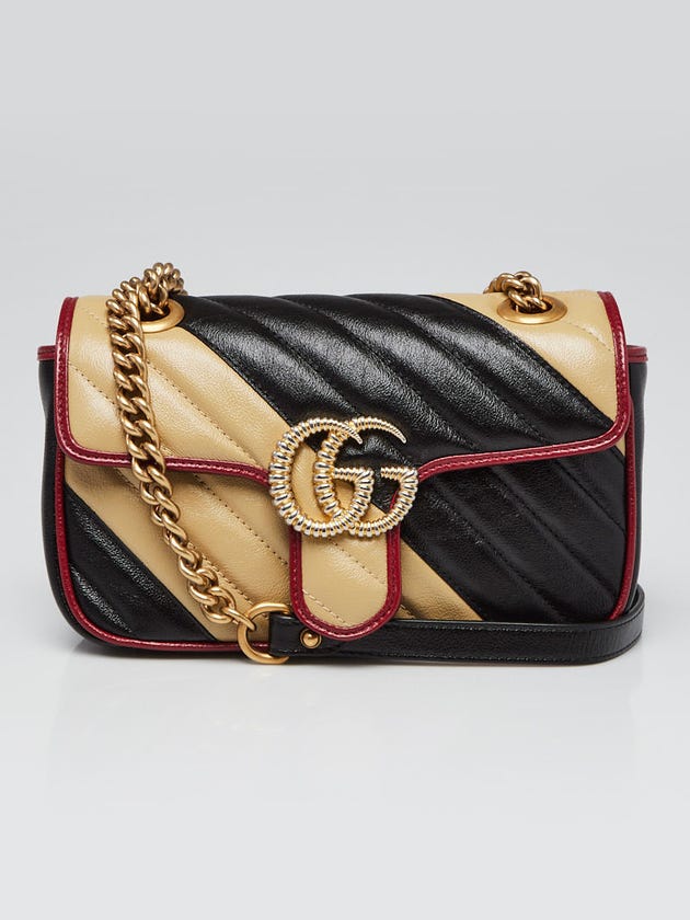 Black/Beige/Red Quilted Shiny Leather GG Marmont Mini Matelasse Shoulder Bag