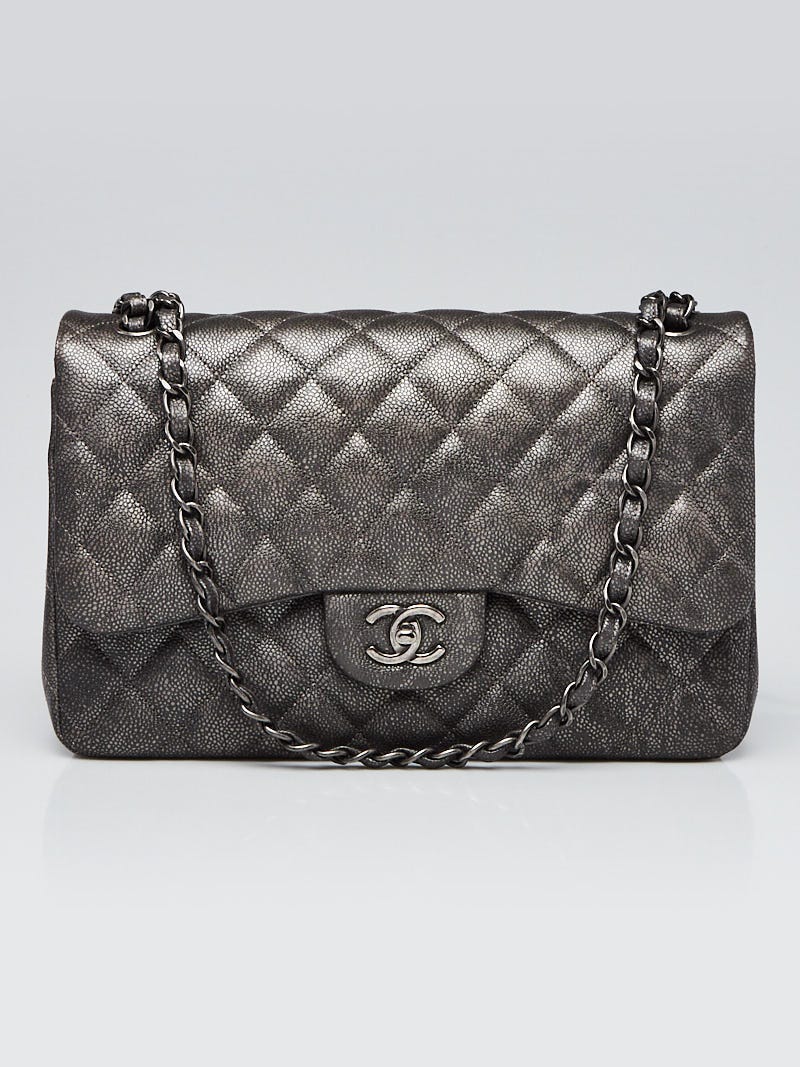 Chanel Dark Silver Quilted Caviar Leather Classic Jumbo Double