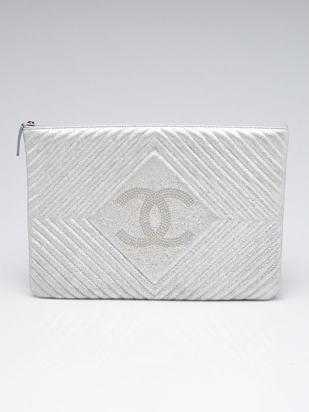 Chanel Silver Metallic Chevron Quilted Leather Studded CC Large O-Case Zip Pouch