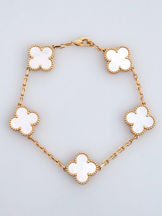 Van Cleef & Arpels 18k Yellow Gold and Mother of Pearl Vintage Alhambra 5 Motif Bracelet