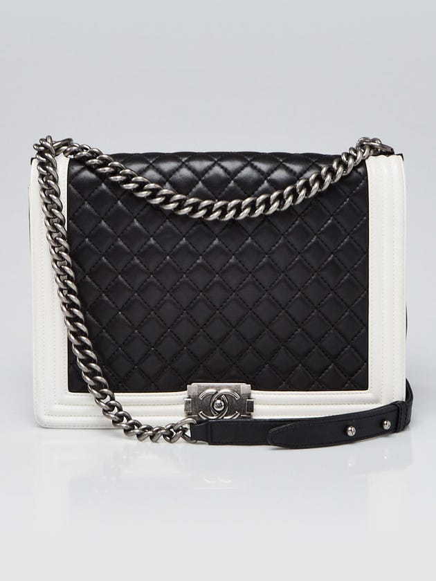 Chanel Black/White Quilted Lambskin Leather Large Boy Bag