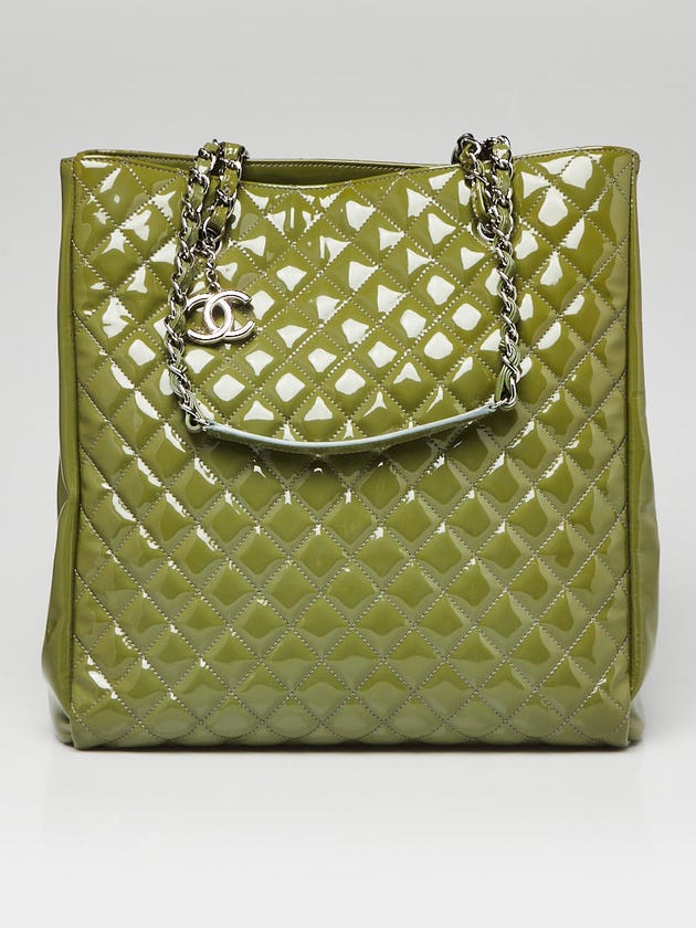 Chanel Green Quilted Patent Leather North/South Tote Bag