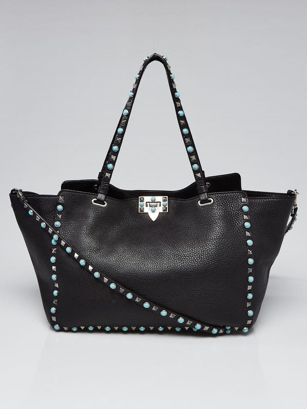 Valentino Black Pebbled Leather Turquoise Rockstud Medium Trapeze Bag