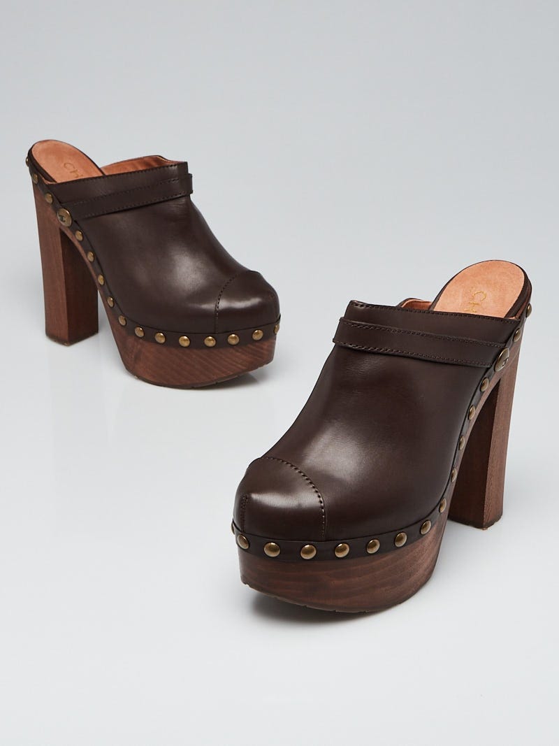 Chanel Brown Leather Studded Platform Mule Clogs Size 9.5/40