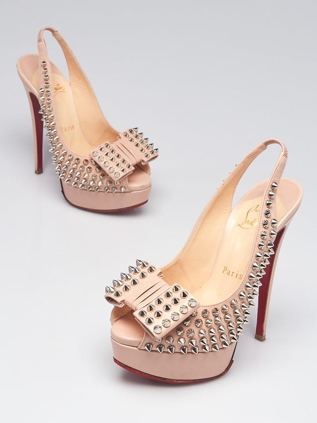 Christian Louboutin Light Beige Leather Clou Noeud Spikes 150 Slingback Pumps Size 4.5/35