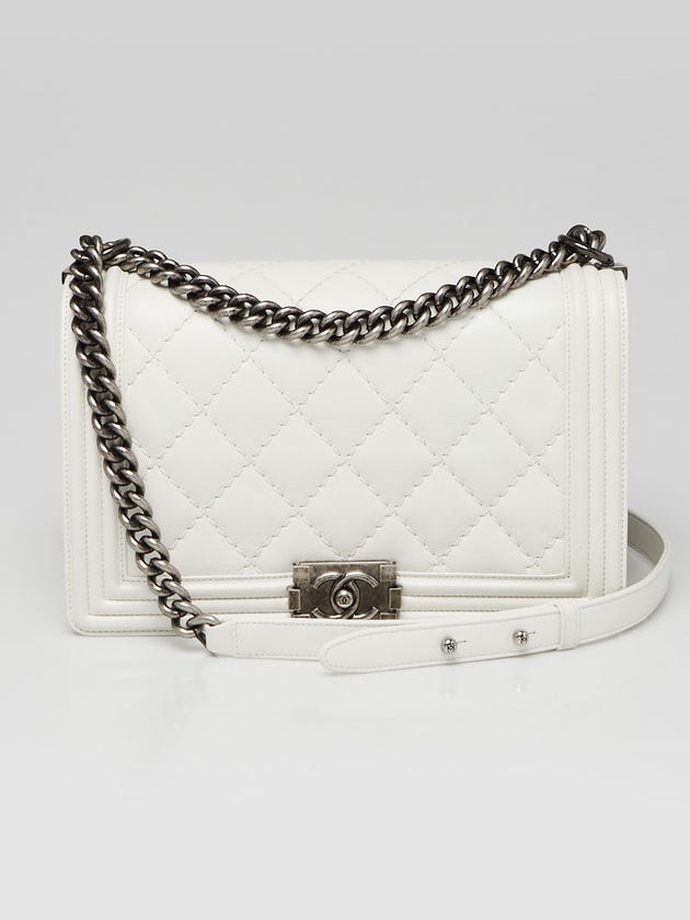 Chanel White Diamond Stitch Calfskin Leather New Medium Boy Bag