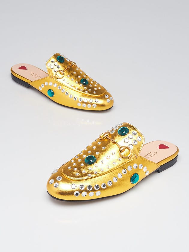 Gucci Gold Metallic Leather Crystal Embellished Princetown Mule Flats Size 7.5/38