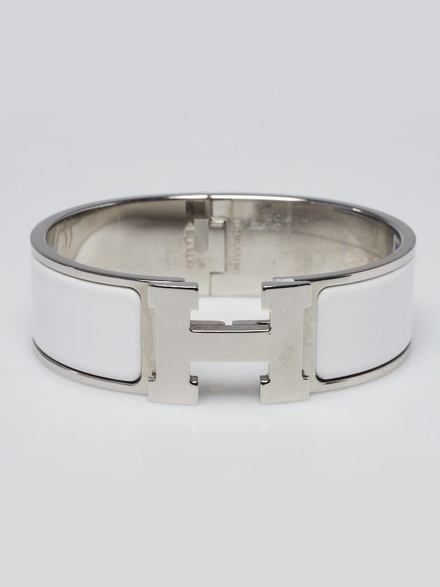 Hermes White Enamel Palladium Plated Clic-Clac H GM Wide Bracelet 