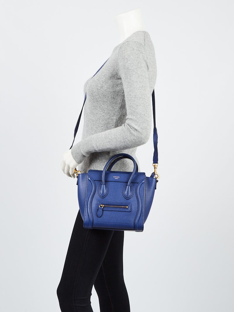 美品【CELINE】ブルー レザー ロゴ NANO LUGGAGE バッグ Celine Electric Blue Pebbled Leather Nano Luggage Bag