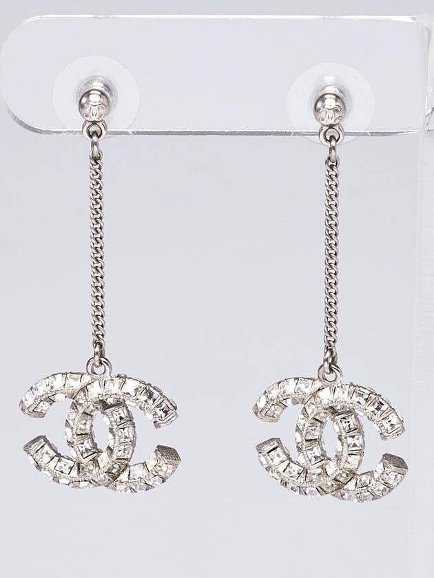 Chanel Silvertone and Crystal CC Drop Earrings