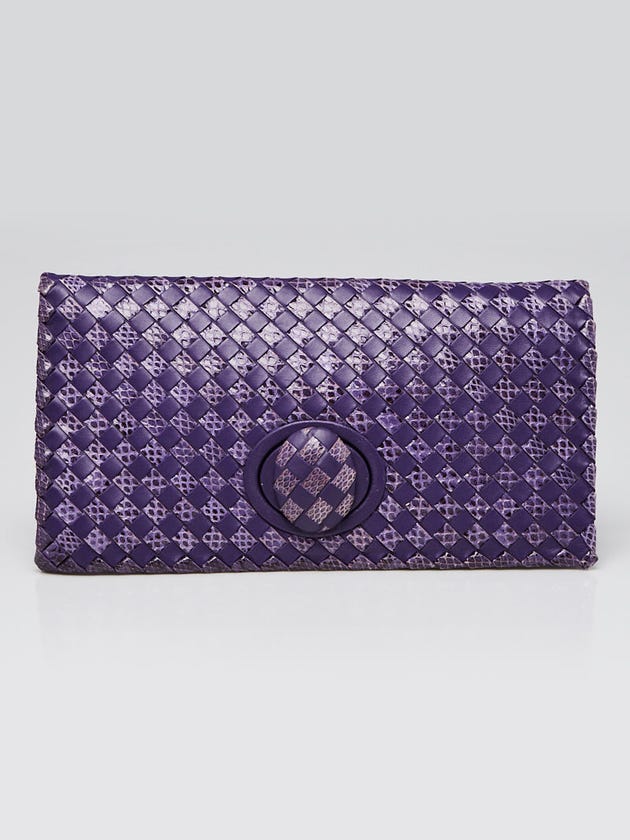Bottega Veneta Purple Intrecciato Woven Leather and Snakeskin Turnlock Clutch Bag