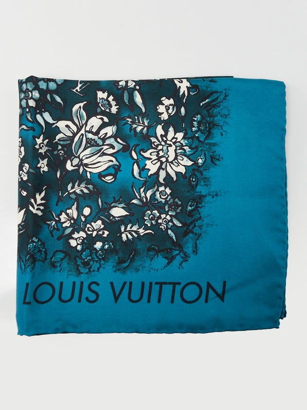 Louis Vuitton Teal Floral Silk Square Scarf