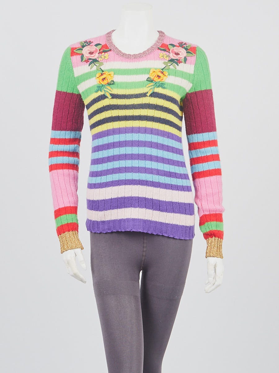 Gucci Multicolor Striped Knit Floral Embroidered Pull Over Sweater