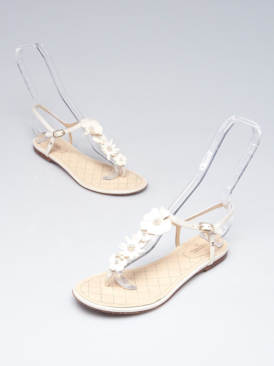 Chanel White Leather T-Strap Flower Thong Sandals Size 7.5/38 - Yoogi's  Closet