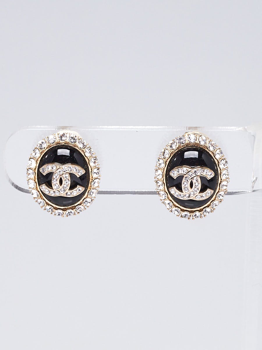 Chanel Black Resin Gold Glitter Crystal CC Stud Earrings - Yoogi's Closet