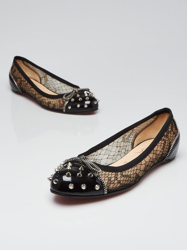 Christian Louboutin Black Patent Leather and Black Lace Candy Studded Flats Size 7/37.5