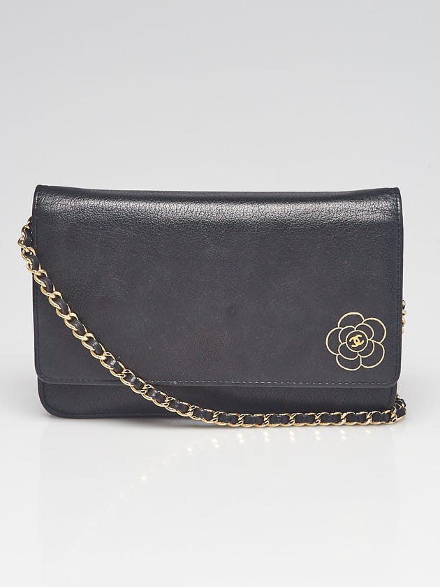 Chanel Black Grained Leather Camellia Embossed WOC Clutch Bag