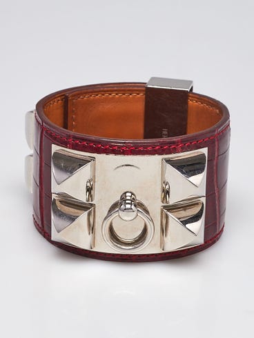 Hermes Rouge Vif Shiny Lisse Alligator Palladium Plated Collier de Chien Bracelet