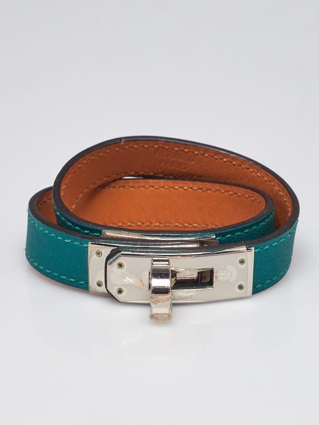 Hermes Malachite Swift Leather Palladium Plated Kelly Double Tour Bracelet Size XS