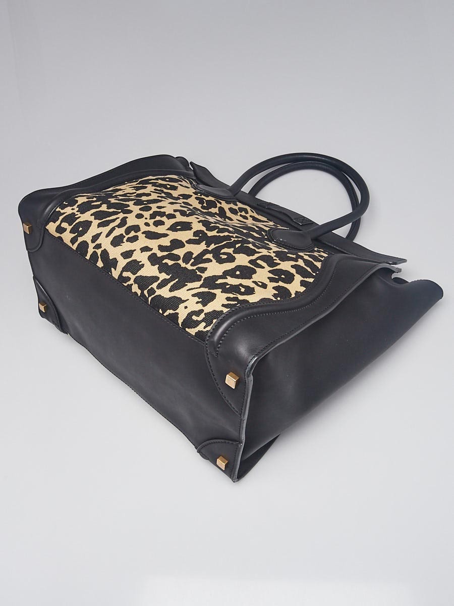 Celine Black Leopard Print Canvas and Leather Medium Luggage