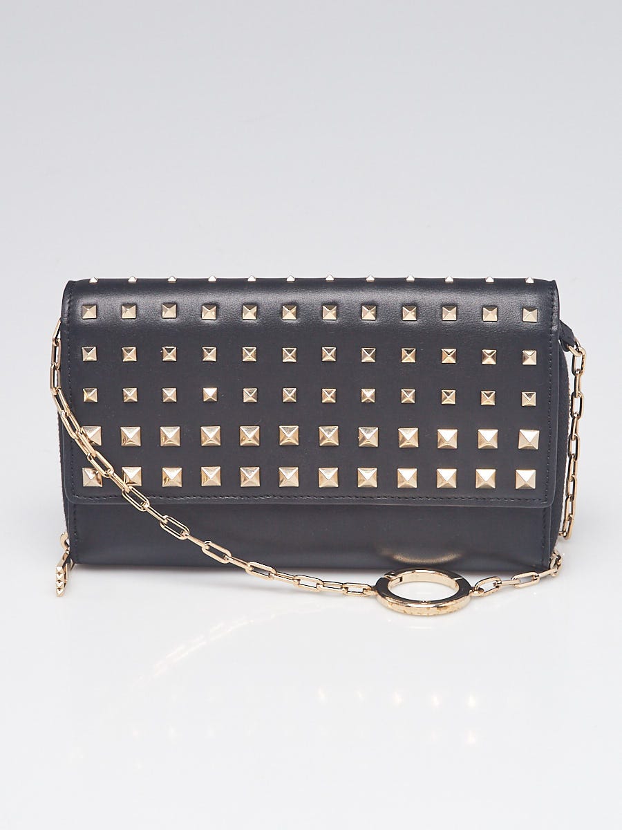 Fendi Continental Wallet on Chain Studded Leather Black Excellent