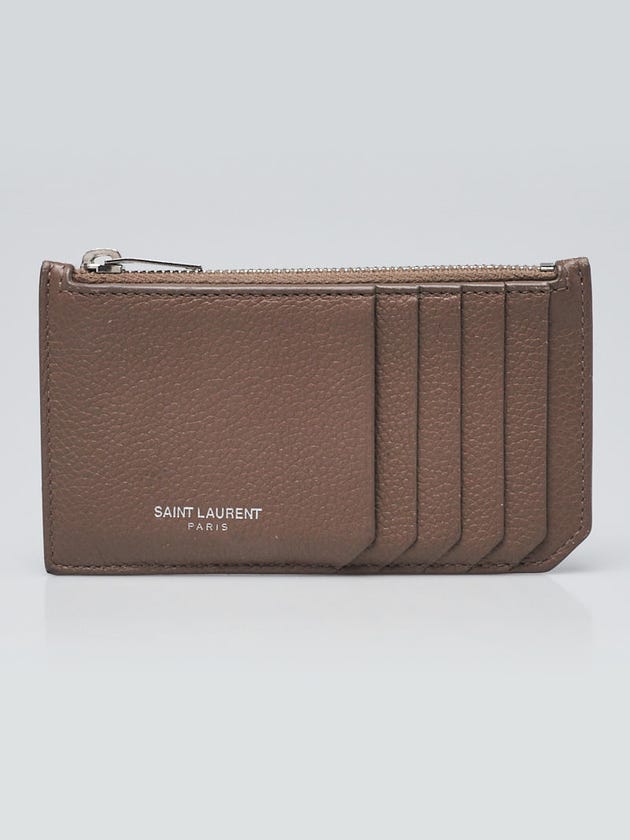 Yves Saint Laurent Brown Pebbled Leather 5 Fragments Zip Card Case