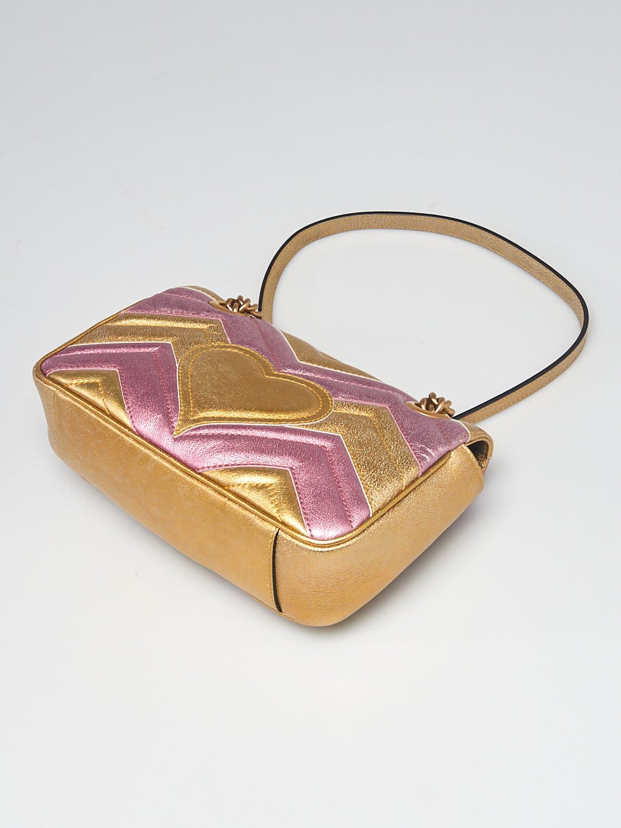 Gucci Metallic Gold/Pink Quilted Leather Marmont Mini Shoulder Bag