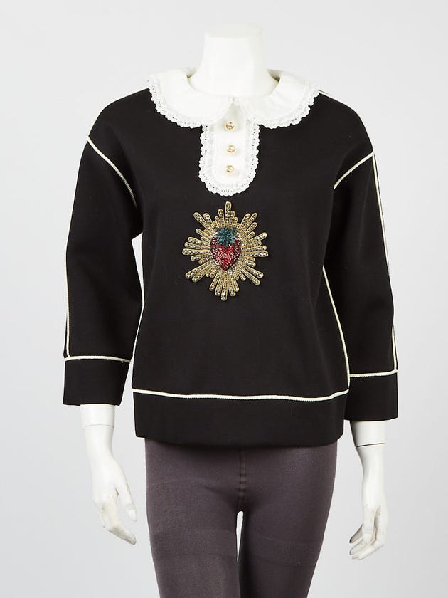 Gucci Black Cotton Beaded Strawberry Embellished Sweatshirt Size XS