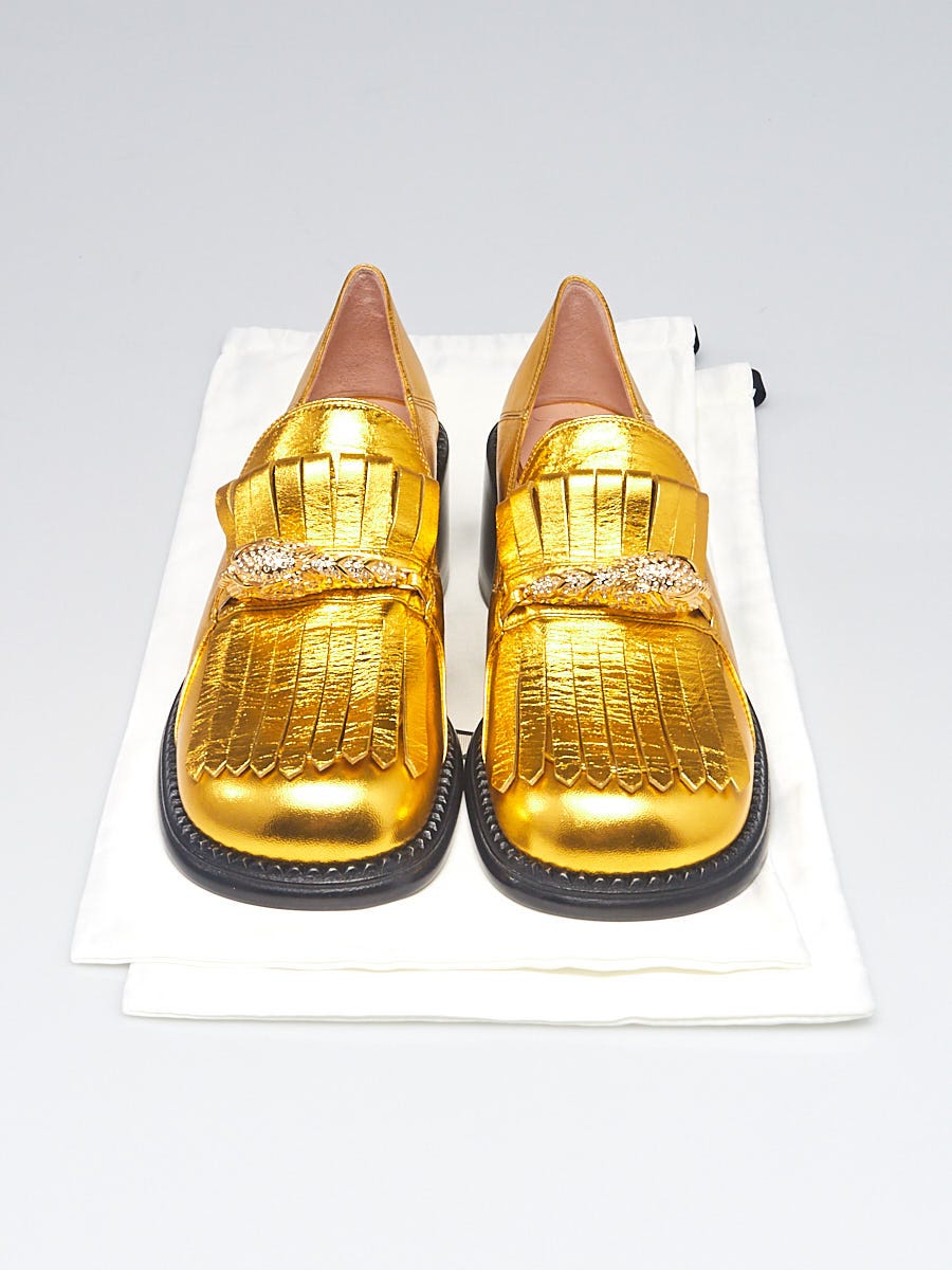 Gucci Gold Metallic Leather Dora Tiger Head Fringed Loafers  display picture 2